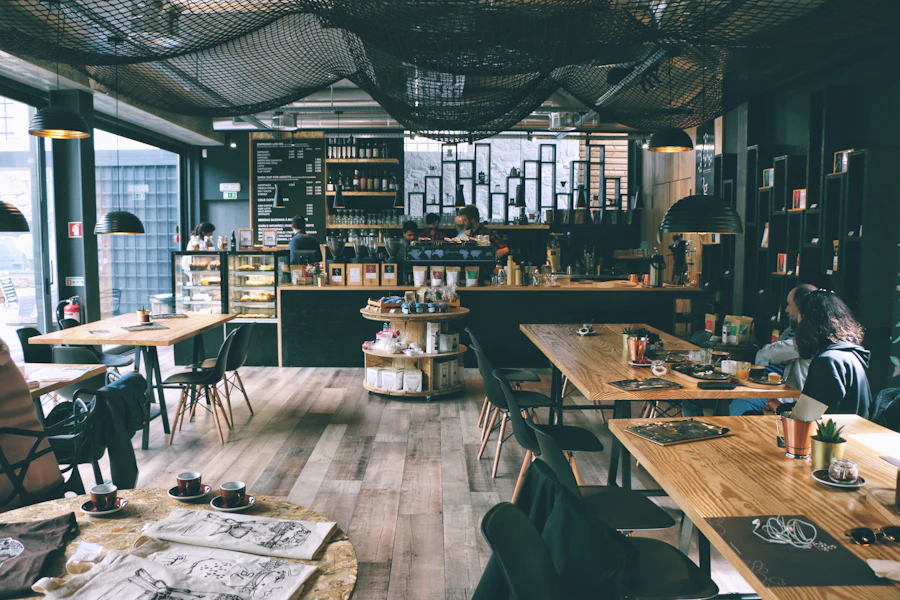 An empty, unlit restaurant interior